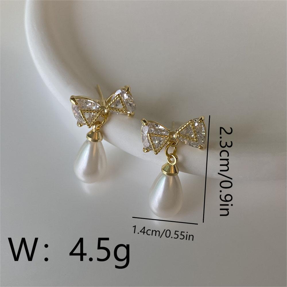 1 Pair Retro Vintage Style Sweet Bow Knot Inlay Carving Copper Zircon 18K Gold Plated Drop Earrings