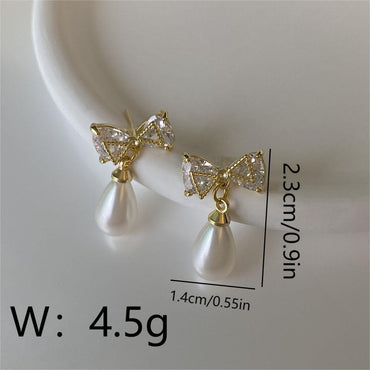 1 Pair Retro Vintage Style Sweet Bow Knot Inlay Carving Copper Zircon 18K Gold Plated Drop Earrings