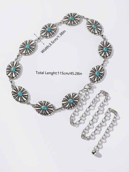 IG Style Ethnic Style Bohemian Round Oval Zinc Alloy Inlay Turquoise Silver Plated Women's Waist Chain