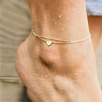 Casual Hawaiian Simple Style Letter Heart Shape 316 Stainless Steel  Layered Inlay Zircon 18K Gold Plated Rose Gold Plated Silver Plated Women's Anklet