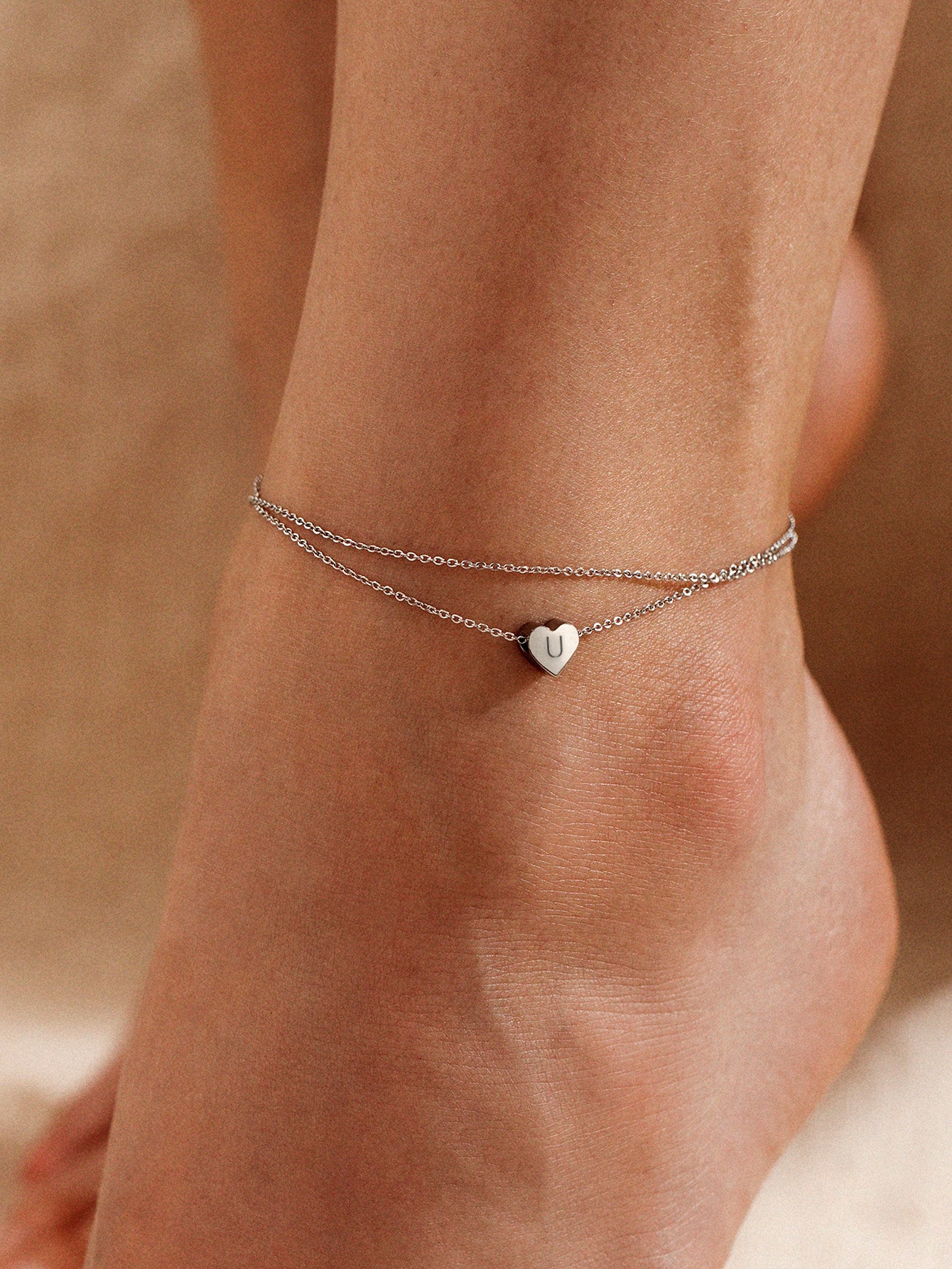 Casual Hawaiian Simple Style Letter Heart Shape 316 Stainless Steel  Layered Inlay Zircon 18K Gold Plated Rose Gold Plated Silver Plated Women's Anklet