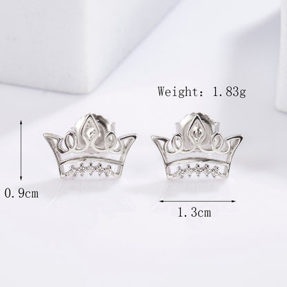 1 Pair Elegant Romantic Shiny Triangle Heart Shape Crown Inlay Carving Sterling Silver Zircon White Gold Plated Ear Studs