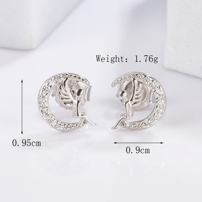 1 Pair Elegant Romantic Shiny Triangle Heart Shape Crown Inlay Carving Sterling Silver Zircon White Gold Plated Ear Studs