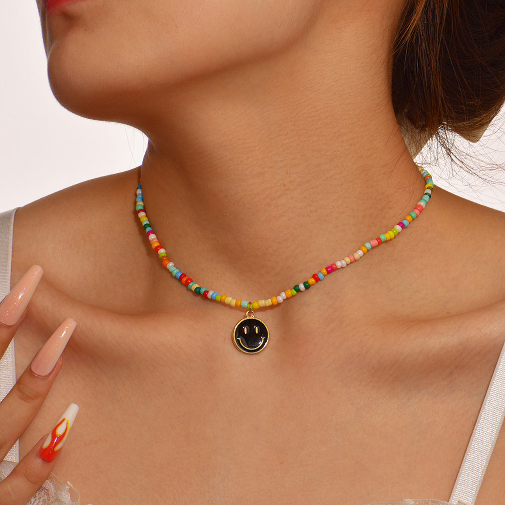 Fashion Smiley Face Beaded Alloy Enamel Necklace