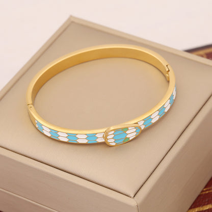 Retro Number Eye Snake Stainless Steel Enamel Inlay Artificial Rhinestones Bangle