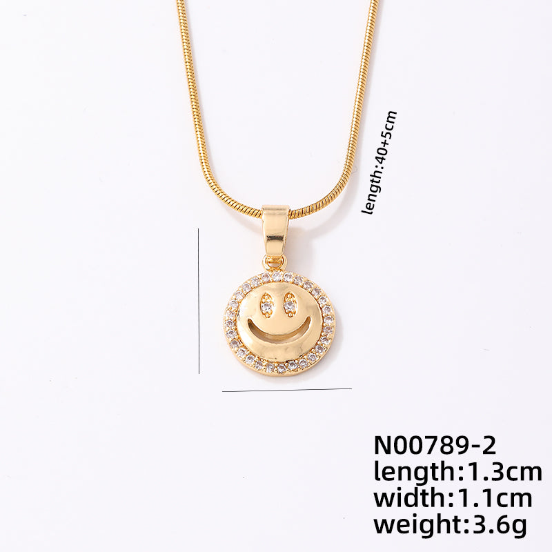 Ig Style Simple Style Round Smiley Face Stainless Steel Copper Plating Inlay Zircon Gold Plated Pendant Necklace