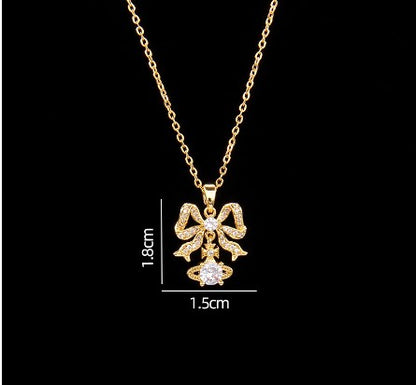 Sweet Planet Flower Bow Knot Copper Zircon Pendant Necklace In Bulk