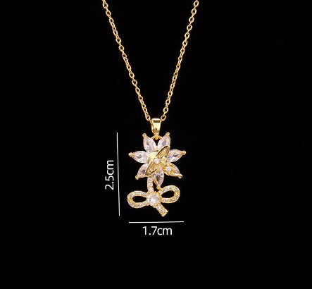 Sweet Planet Flower Bow Knot Copper Zircon Pendant Necklace In Bulk