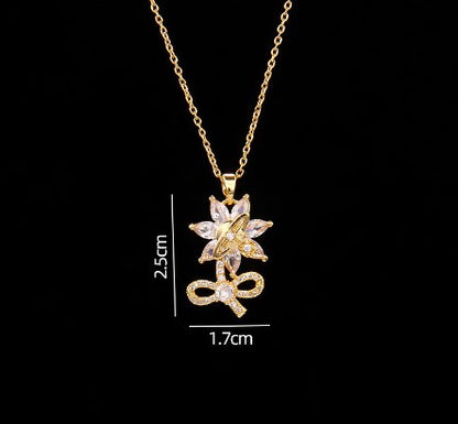 Sweet Planet Flower Bow Knot Copper Zircon Pendant Necklace In Bulk