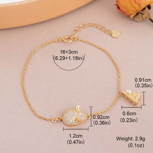 Copper 18K Gold Plated Cute Cheese Mouse Inlay Freshwater Pearl Zircon Bracelets