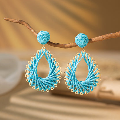 1 Pair Vacation Bohemian Water Droplets Braid Hollow Out Rattan Metal Drop Earrings