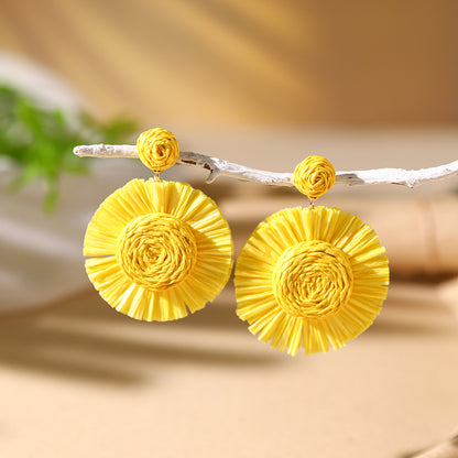 1 Pair Vacation Bohemian Flower Braid Straw Rattan Drop Earrings