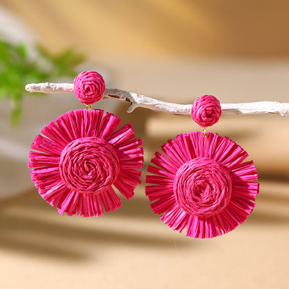 1 Pair Vacation Bohemian Flower Braid Straw Rattan Drop Earrings