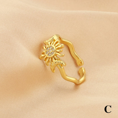 Retro Simple Style Clouds Sun Butterfly Copper Plating Inlay Zircon 18k Gold Plated Open Rings