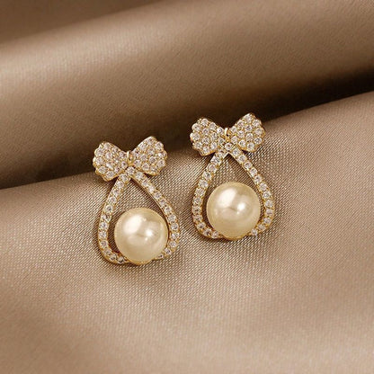 1 Pair Modern Style Simple Style Heart Shape Flower Bow Knot Inlay Alloy Rhinestones Drop Earrings Ear Studs