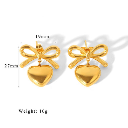 1 Pair Sweet Simple Style Heart Shape Bow Knot 304 Stainless Steel 18K Gold Plated Drop Earrings