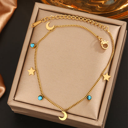 Wholesale Jewelry Vintage Style Novelty Classic Style Star Life Tree Butterfly 304 Stainless Steel Turquoise Rhinestone Artificial Rhinestones Turquoise 18K Gold Plated Plating Inlay Bracelets Anklet