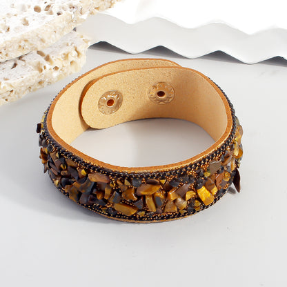 Wholesale Jewelry Ethnic Style Shiny Irregular Pu Leather Stone Natural Stone Asymmetrical Inlay Bangle