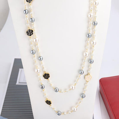 Sweet Simple Style Flower Imitation Pearl Alloy Beaded Enamel Women's Long Necklace