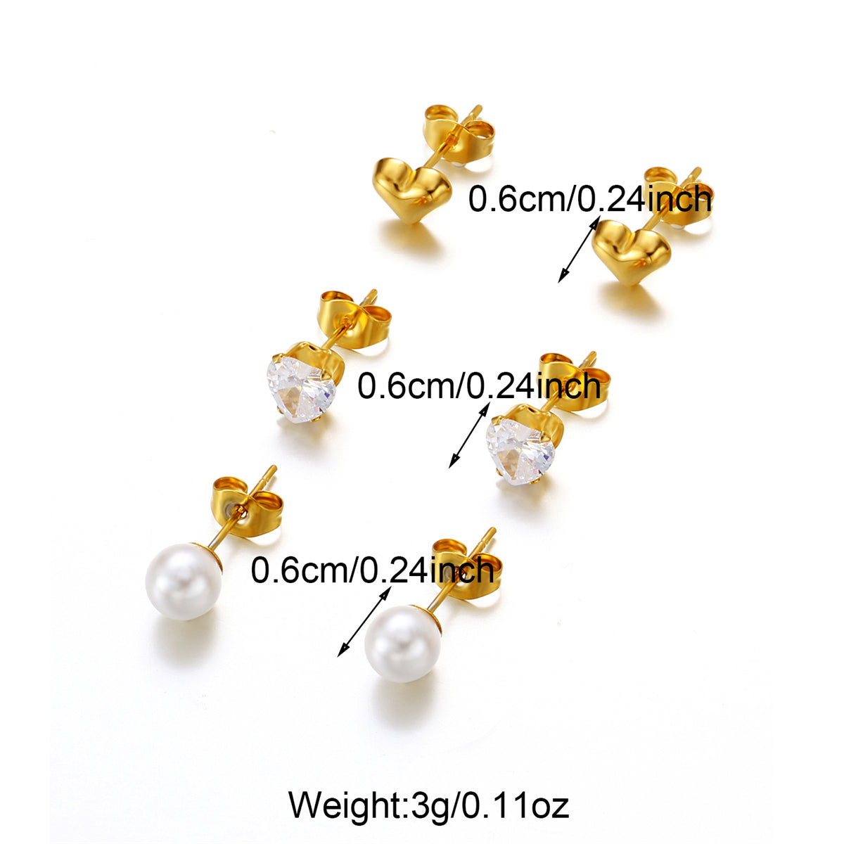 3 Pairs Cute Classic Style Heart Shape 304 Stainless Steel Artificial Pearls Zircon 18K Gold Plated Ear Studs