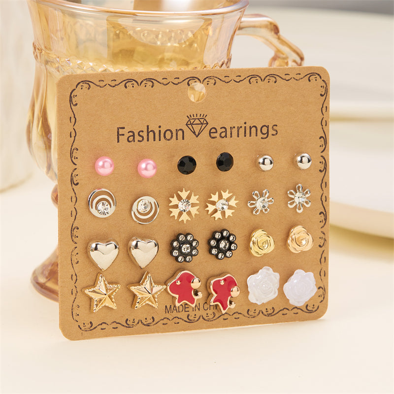 12 Pairs Casual Simple Style Pentagram Heart Shape Bow Knot Inlay Alloy Artificial Rhinestones Ear Studs