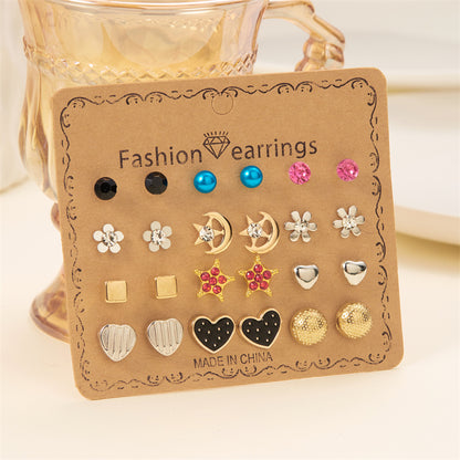 12 Pairs Casual Simple Style Pentagram Heart Shape Bow Knot Inlay Alloy Artificial Rhinestones Ear Studs