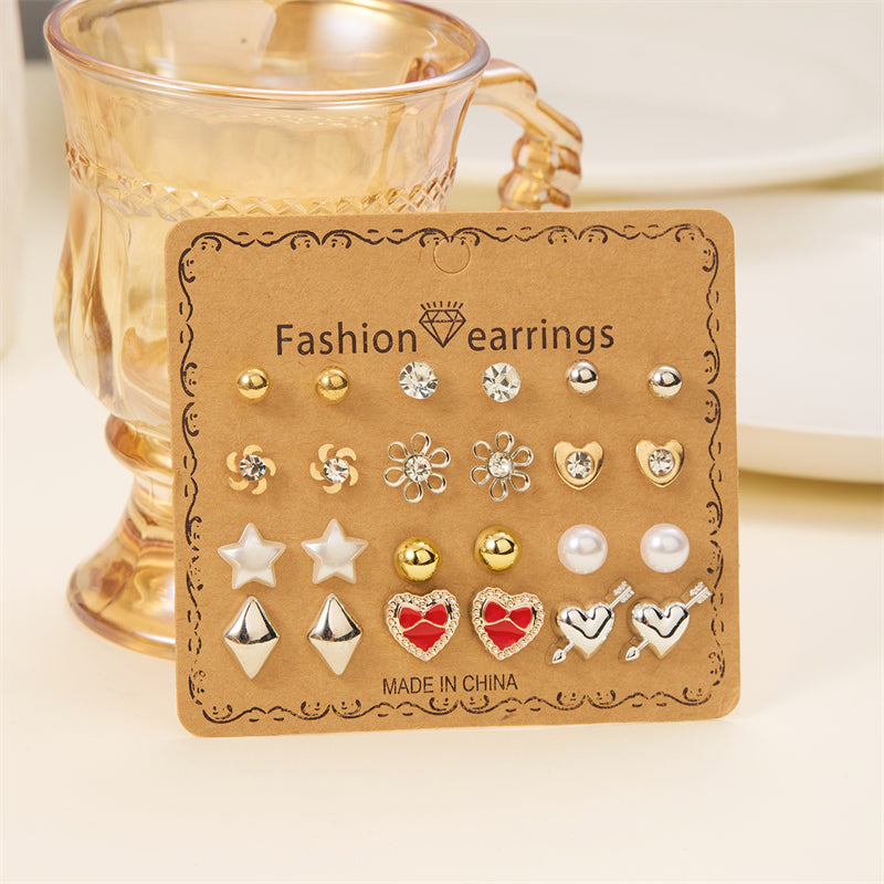 12 Pairs Casual Simple Style Pentagram Heart Shape Bow Knot Inlay Alloy Artificial Rhinestones Ear Studs