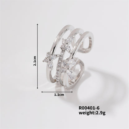 Copper K Gold Plated Rhodium Plated IG Style Shiny Inlay Butterfly Zircon Open Rings