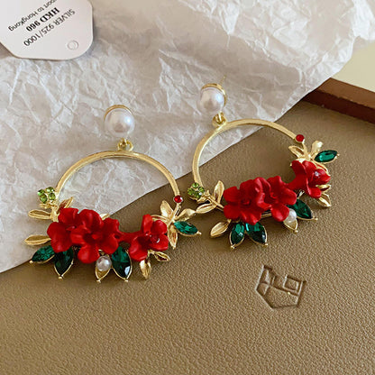 1 Pair IG Style Sweet Flower Inlay Alloy Imitation Pearl Rhinestones Drop Earrings