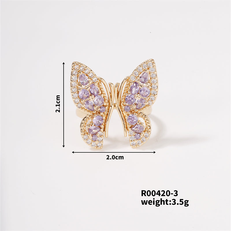 Copper K Gold Plated Rhodium Plated Sweet Simple Style Artistic Inlay Butterfly Zircon Open Rings