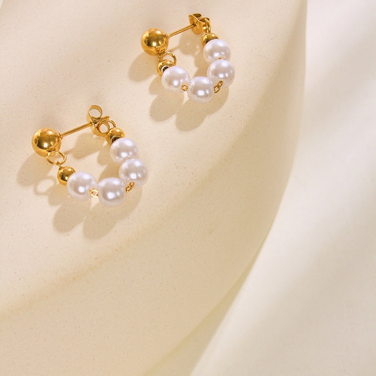 1 Pair Elegant Solid Color Inlay 304 Stainless Steel Artificial Pearls 18K Gold Plated Hoop Earrings