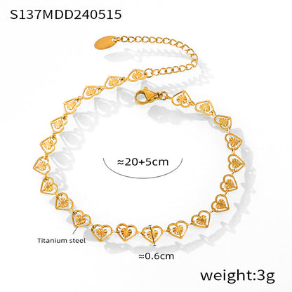 Wholesale Jewelry Casual Simple Style Heart Shape 304 Stainless Steel 18K Gold Plated Plating Hollow Out Carving Anklet