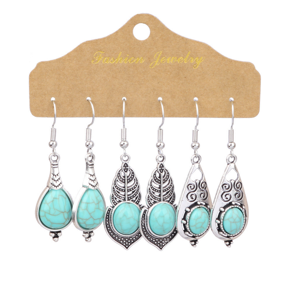 1 Set Casual Ethnic Style Geometric Inlay Alloy Turquoise Rhinestones Drop Earrings