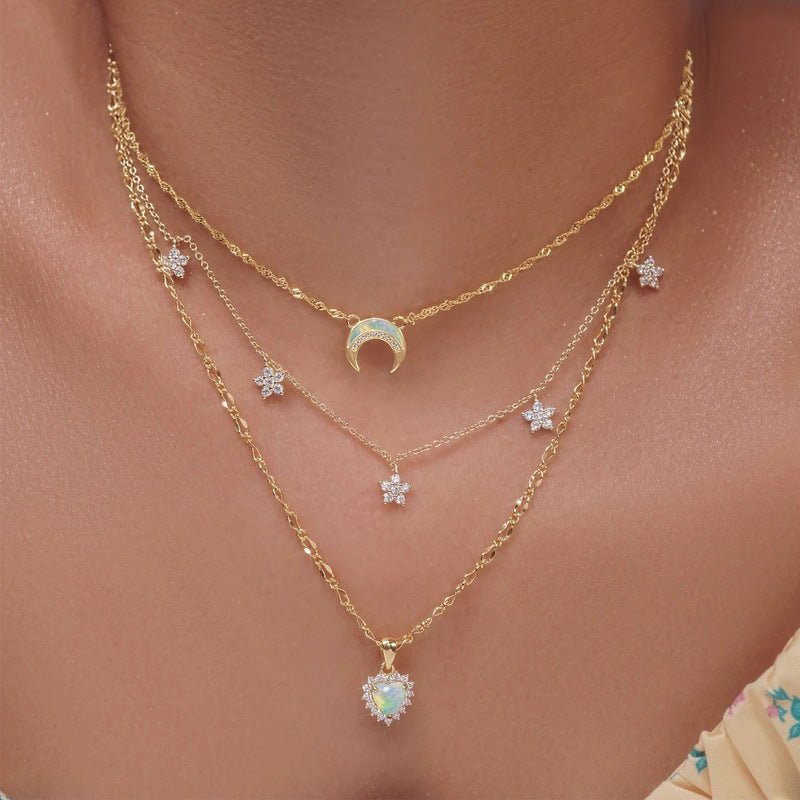 Simple Style Star Moon Heart Shape Crystal Rhinestones Alloy Wholesale Layered Necklaces Necklace