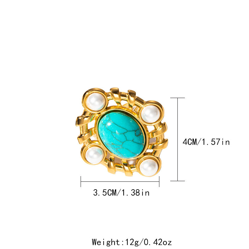 Wholesale Jewelry Simple Style Classic Style Oval 304 Stainless Steel Turquoise Pearl 14K Gold Plated Plating Inlay Open Rings