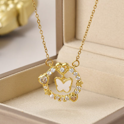 Wholesale Jewelry Simple Style Heart Shape Flower Bow Knot Titanium Steel Irregular Plating Pendant Necklace