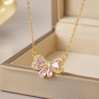 Wholesale Jewelry Simple Style Heart Shape Flower Bow Knot Titanium Steel Irregular Plating Pendant Necklace