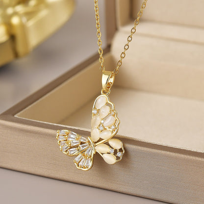 Wholesale Jewelry Simple Style Heart Shape Flower Butterfly Titanium Steel Gem Irregular Plating Pendant Necklace