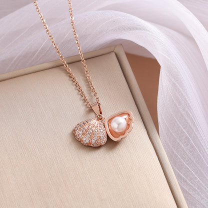 Wholesale Jewelry Casual Sweet Shell 304 Stainless Steel Pearl Zircon 18K Gold Plated Inlay Pendant Necklace