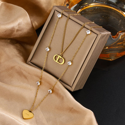 Wholesale Jewelry IG Style Vintage Style Letter Heart Shape 304 Stainless Steel Artificial Pearls Rhinestones Zircon 18K Gold Plated Enamel Plating Inlay Double Layer Necklaces Pendant Necklace