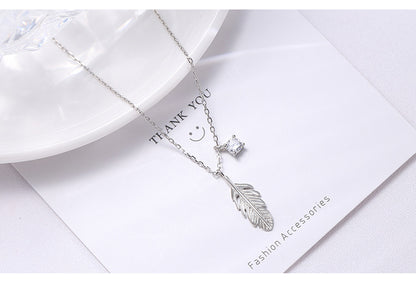 Elegant Sweet Korean Style Feather Sterling Silver Plating Inlay Zircon Pendant Necklace