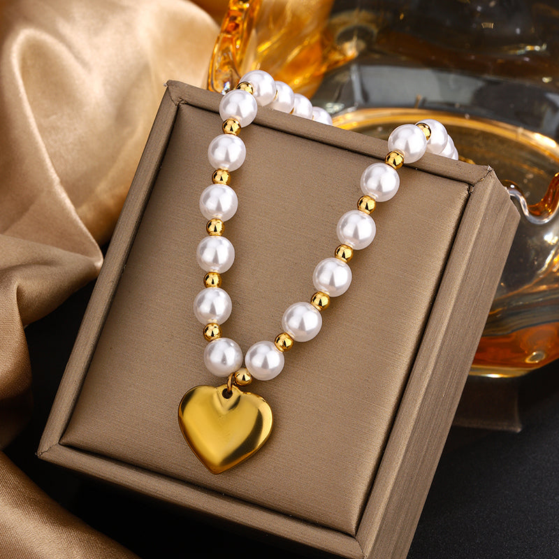 Wholesale Jewelry IG Style Vintage Style Letter Heart Shape 304 Stainless Steel Artificial Pearls Rhinestones Zircon 18K Gold Plated Enamel Plating Inlay Double Layer Necklaces Pendant Necklace