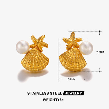 Wholesale Jewelry Beach Starfish Shell 304 Stainless Steel Artificial Pearls Amazonite 18K Gold Plated Inlay Rings Earrings