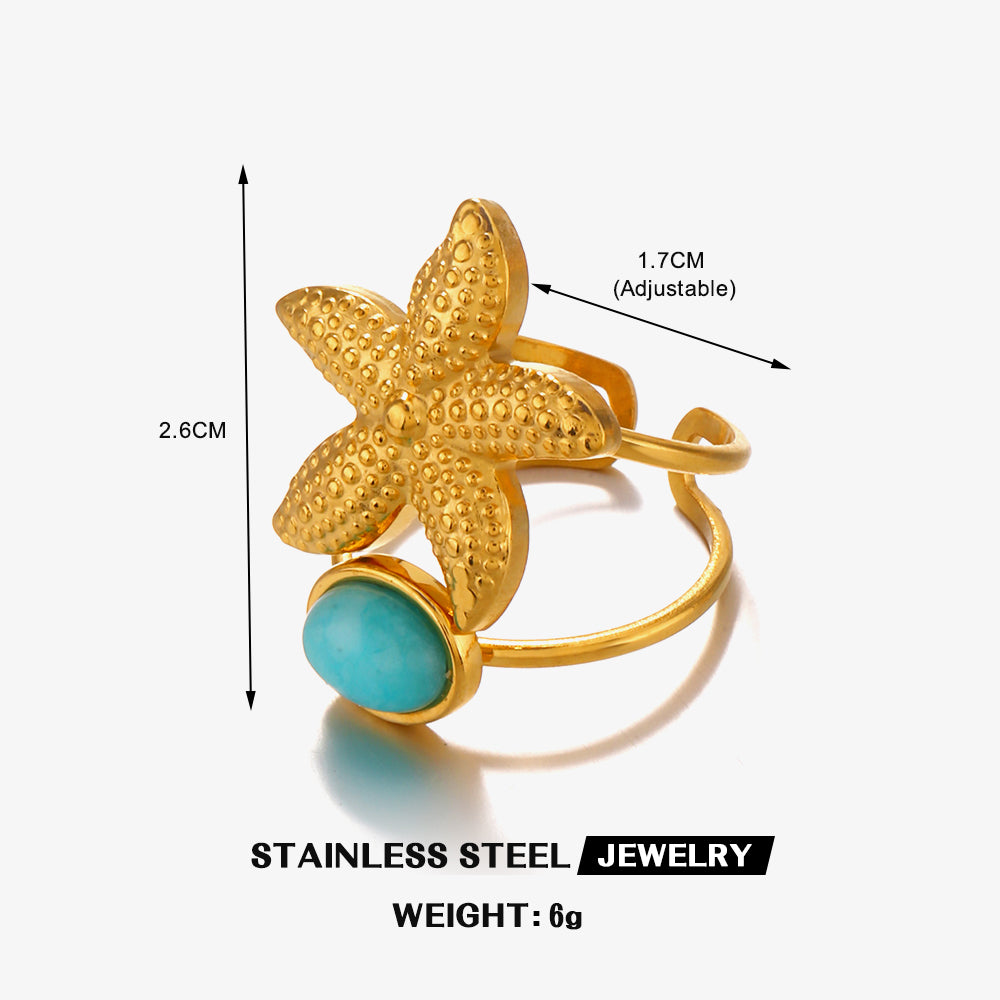 Wholesale Jewelry Beach Starfish Shell 304 Stainless Steel Artificial Pearls Amazonite 18K Gold Plated Inlay Rings Earrings