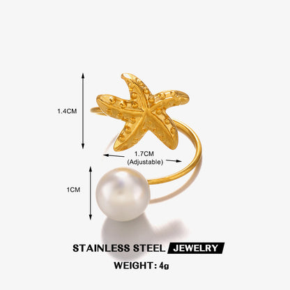 Wholesale Jewelry Beach Starfish Shell 304 Stainless Steel Artificial Pearls Amazonite 18K Gold Plated Inlay Rings Earrings