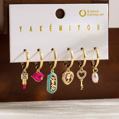 1 Set Y2K Yakemiyou Sweet Heart Shape Bow Knot Enamel Inlay Copper Pearl Zircon 14K Gold Plated Drop Earrings