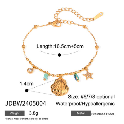 Wholesale Jewelry Vacation Marine Style Beach Starfish Shell 304 Stainless Steel Zircon 18K Gold Plated Inlay Anklet