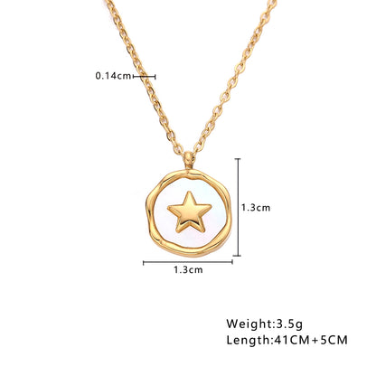 Wholesale Jewelry Vintage Style French Style Pentagram Round 304 Stainless Steel Shell 18K Gold Plated Inlay Pendant Necklace