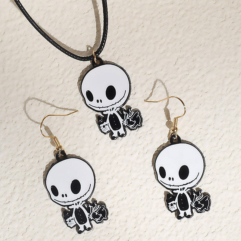 Funny Skull Alloy Halloween Unisex Earrings Necklace Jewelry Set