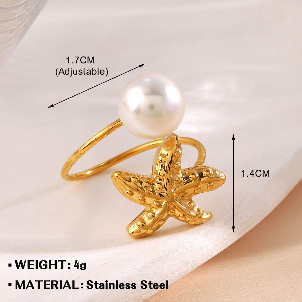 Wholesale Jewelry Marine Style Beach Scallop Starfish 304 Stainless Steel Artificial Pearls Turquoise Plating Inlay Open Rings